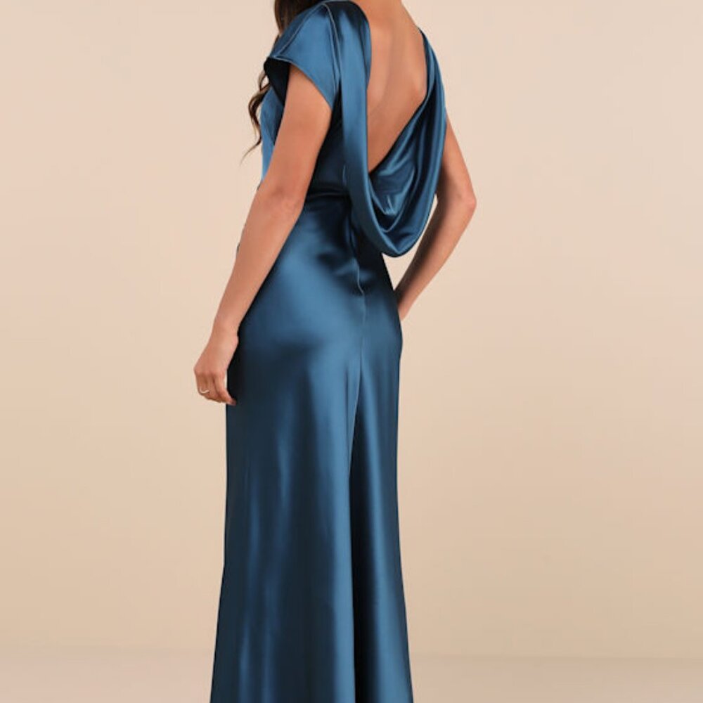 NWT Lulus Dark Teal Satin Cowl Back Maxi Dress Blue - Size S